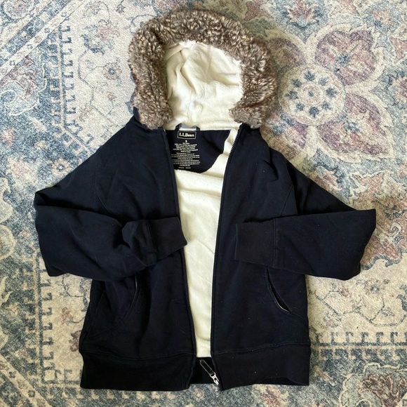 L.L. Bean Black Hoodie with Cream and Brown Faux Fur Hood - Picture 1 of 3